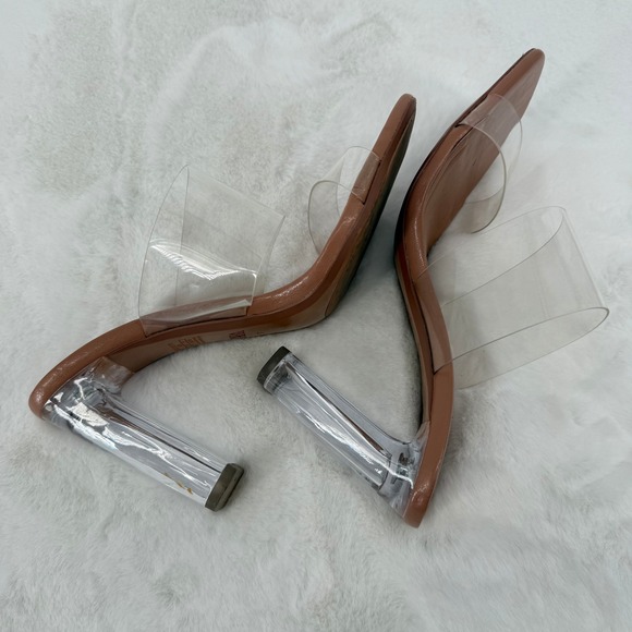 ZARA Women Transparent Clear Strap Block Heel Mules Tan Size 37 US 6.5 - Picture 3 of 8